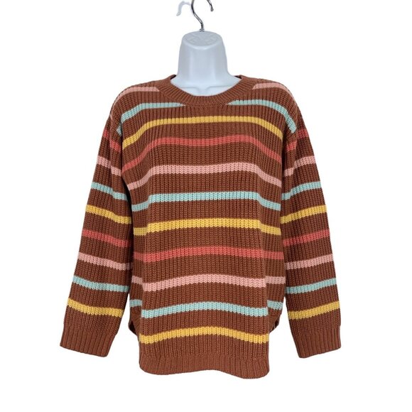 Striped Multicolor Ribbed Knit Sweater Brown Yellow Pink Blue Round Neck Medium - Picture 1 of 11
